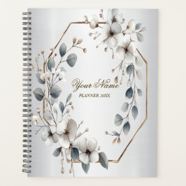 Agenda Flores brancas de aquarela Ouro Frame Silver Teal