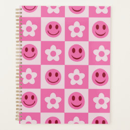 Agenda Flores checadas e rostos felizes rosa