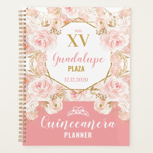 Agenda Flores Cor-de-Rosa Brilhantes Glitter Quinceañera  (Frente)