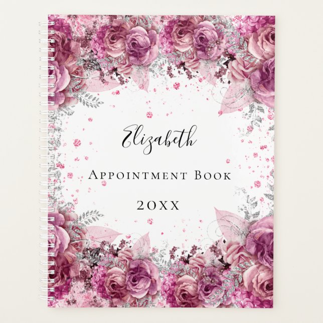 Agenda Flores cor-de-rosa nome branco elegante (Frente)
