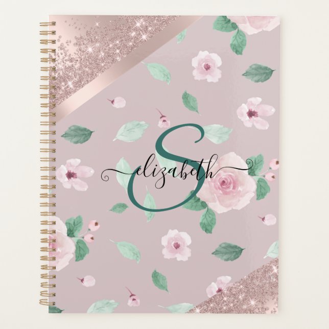 Agenda Flores de Aquarela Monograma Rosa Dourado (Frente)