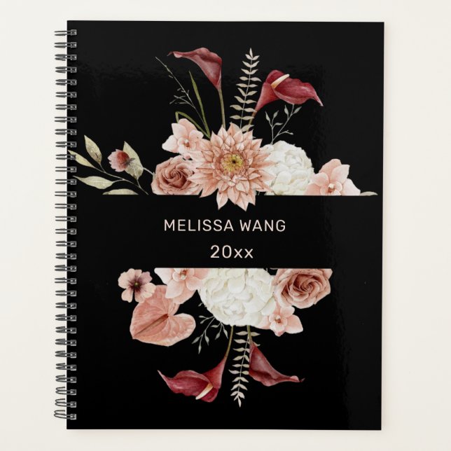 Agenda Flores de Boho Cinza-Rosa Escuras Pretas (Frente)