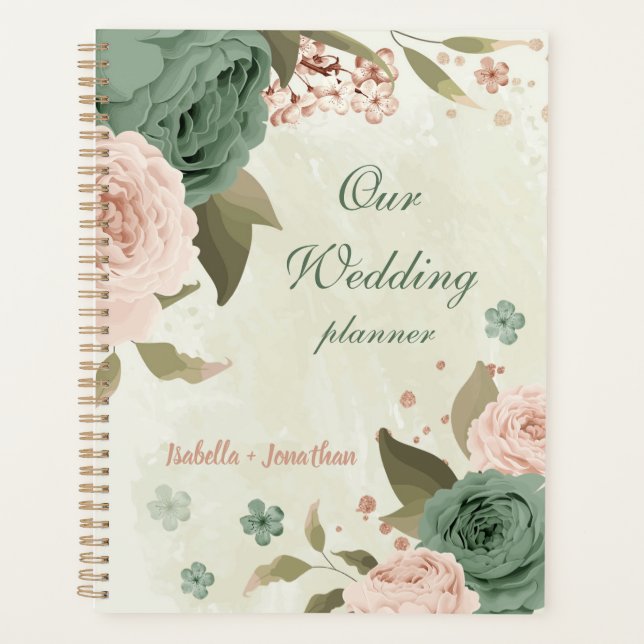Agenda flores de casamento com tons de verde salvia e blu (Frente)