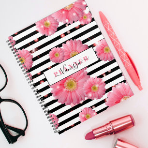 Agenda Flores De Gerbera Cor-De-Rosa Em Listras Pretas E