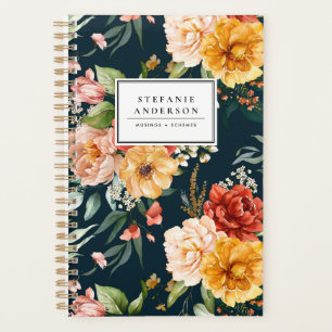 Agenda Flores de outono de Cores Aquáticas e Padrão Verde