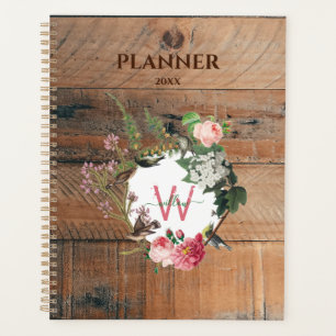 Agenda Flores De Vintagem De Madeira Rústica Monogramada