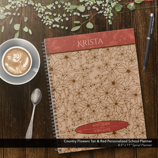 Agenda Flores-do-campo, bronzeado e Escola Personalizada  (Country Flowers Brown and Red Personalized School Planner: Customize the Name, Grade, and Year.)