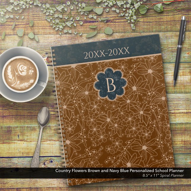Agenda Flores-do-campo Castanho Blue Personalised School (Country Flowers Brown and Blue Personalized School Planner: Customize the Date and Monogram)