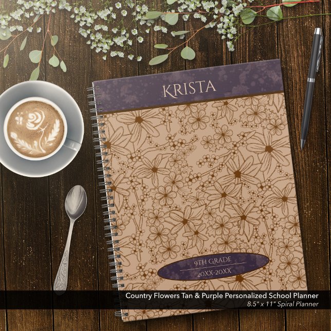 Agenda Flores-do-campo Tan & Purple Personalised School (Country Flowers Brown and Purple Personalized School Planner: Customize the Name, Grade, and Year.)