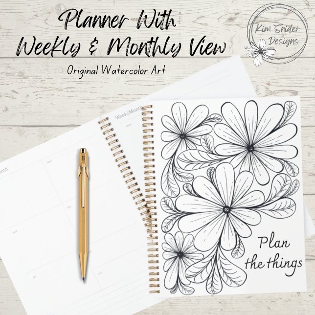 Agenda Flores e Folhas Brancas Pretas e Brancas Design (Criador carregado)