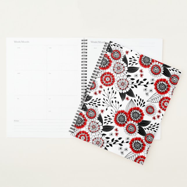Agenda Flores e folhas de rabo em vermelho e preto (Exibição)
