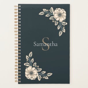 Agenda Flores Elegantes De Monograma Dourado Azul De Oxfo