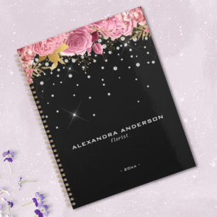 Agenda Flores Florais Rosa Aquarela Brilho Diamante