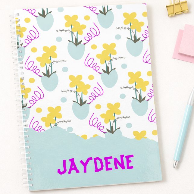 Agenda "Flores Lindas em Tons Pastel em Vasos  (Flowers in vases, dots and squiggles, and your name in bold. It's cute and hand drawn just for you.)