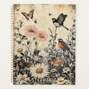 Agenda Flores, Pássaros e Borboleta em Papel Envelhecido