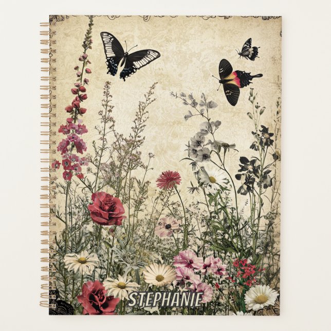 Agenda Flores, Pássaros e Borboletas em Papel Vencido (2) (Frente)
