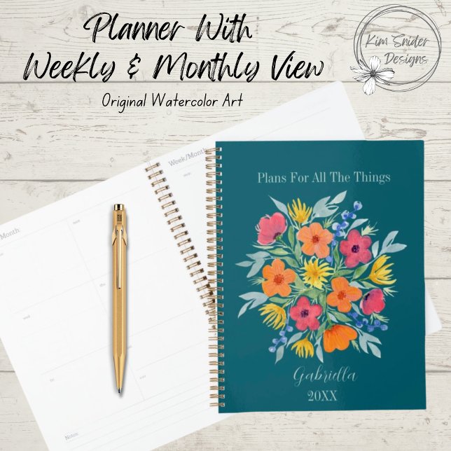 Agenda Flores Personalizadas de Aquarela em Teal (Criador carregado)