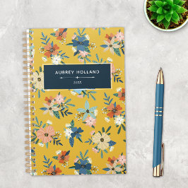 Agenda Flores Retro Bege Amarelo Azul Padrão Floral