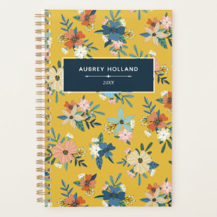 Agenda Flores Retro Escamoteando Padrão Floral Amarelo Az