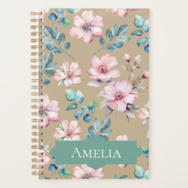 Agenda Flores Rosa com Folhagem Elegante
