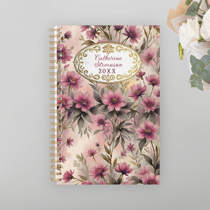 Agenda Flores Rosa Elegantes com Quadro Dourado Luxuoso
