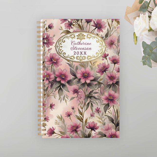 Agenda Flores Rosa Elegantes com Quadro Dourado Luxuoso (Criador carregado)