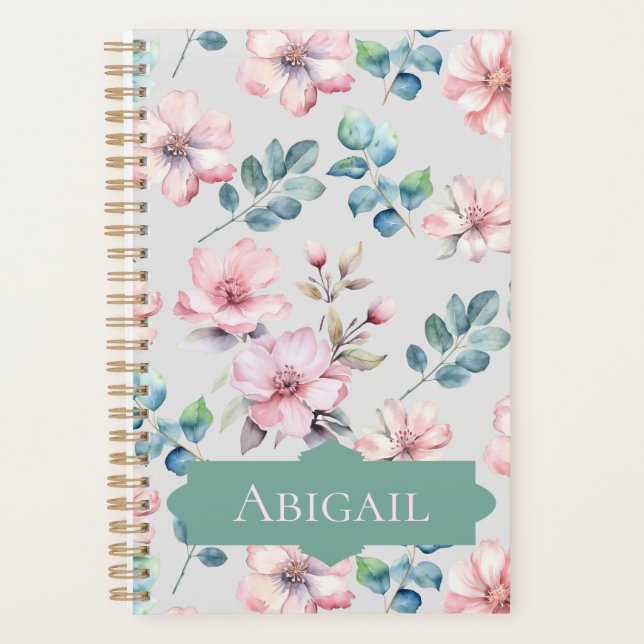 Agenda Flores Rosa Elegantes Planner de Cinzas Leves (Frente)