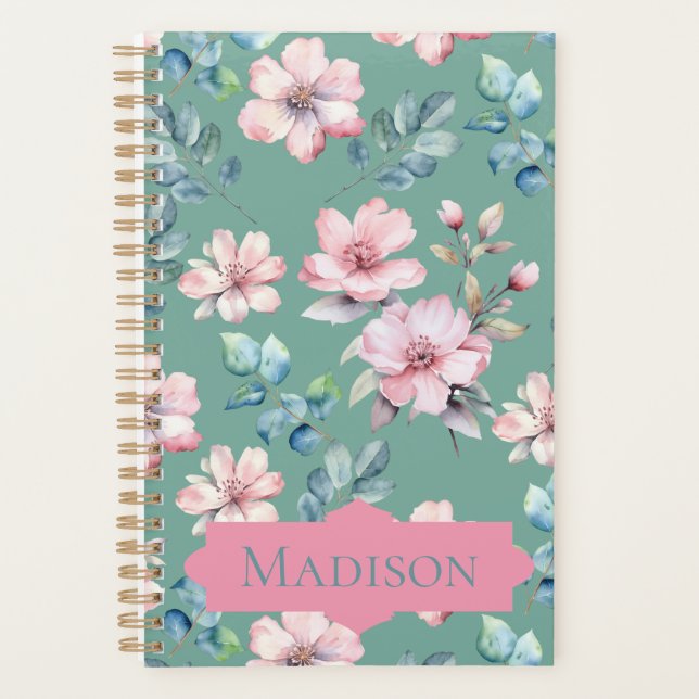 Agenda Flores Rosa Modernas Planeador Verde (Frente)