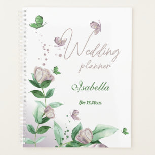 Agenda flores roxas & borboletas verde casamento