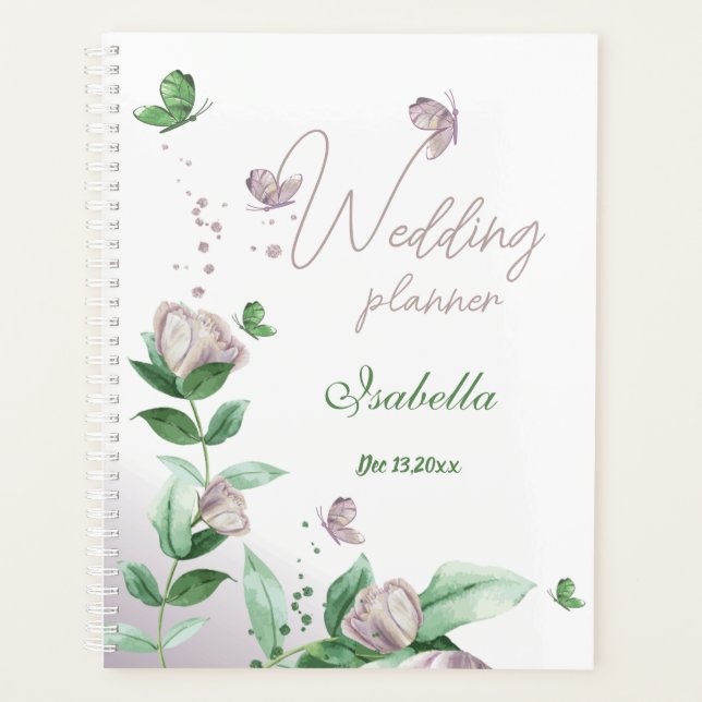 Agenda flores roxas & borboletas verde casamento (Frente)