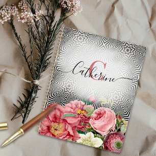 Agenda Flores Vintage em Nome Branco Preto e Monograma