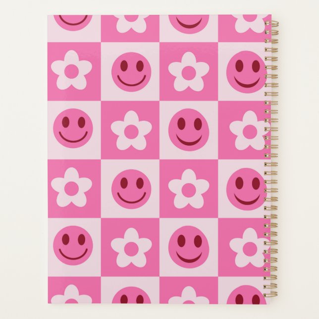 Agenda Flores xadrez e rostos felizes rosa  (Verso)