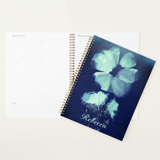 Agenda Foil Torquoise Floral Marinho Azul Script Monogram (Exibição)