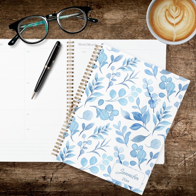 Agenda Folhagem Azul e Branco Elegante (Criador carregado)