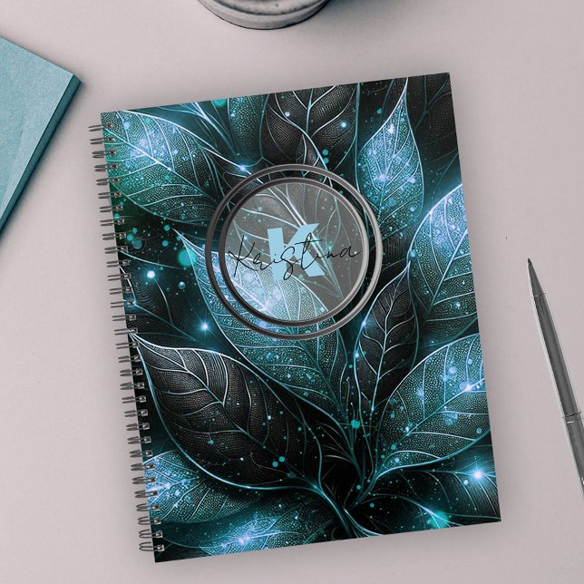 Agenda Folhagem Luxuriosa de Preto Teal Preto-Luminoso (Criador carregado)