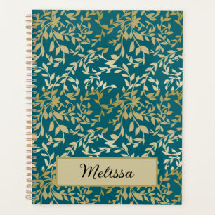 Agenda Folhas Douradas Vinhas Botânico Floral Azul Escuro