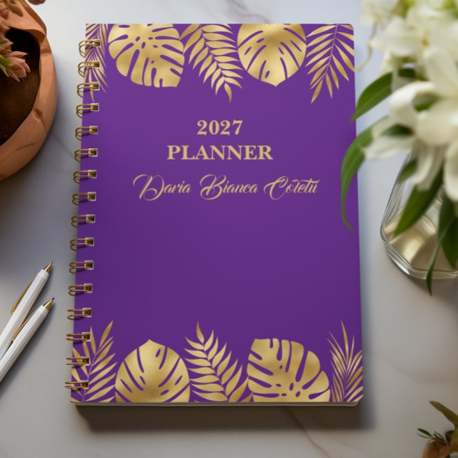 Agenda Folhas Roxas e Douradas Personalizadas  (Criador carregado)