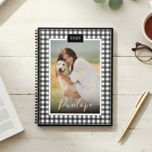Agenda Foto do Nome de Script Personalizado Gingham Branc