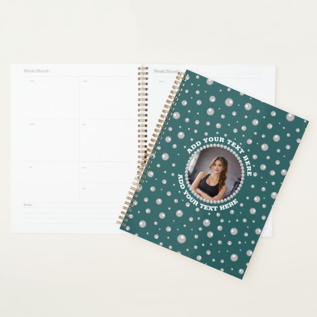 Agenda Foto Personalizada com Círculo de Pérolas em Azul  (Exibição)