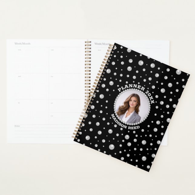Agenda Foto Personalizada com Círculo de Pérolas em Preto (Exibição)
