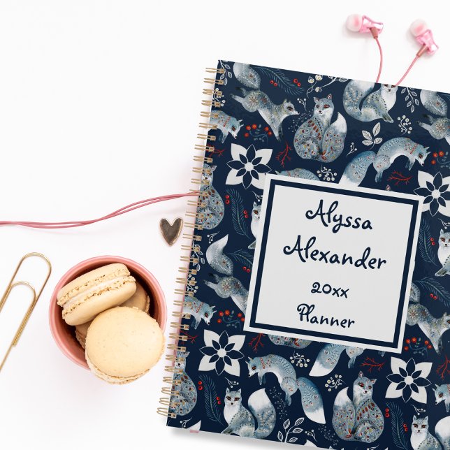 Agenda Fox Woodland Watercolor Art Nome Monograma Azul (Criador carregado)
