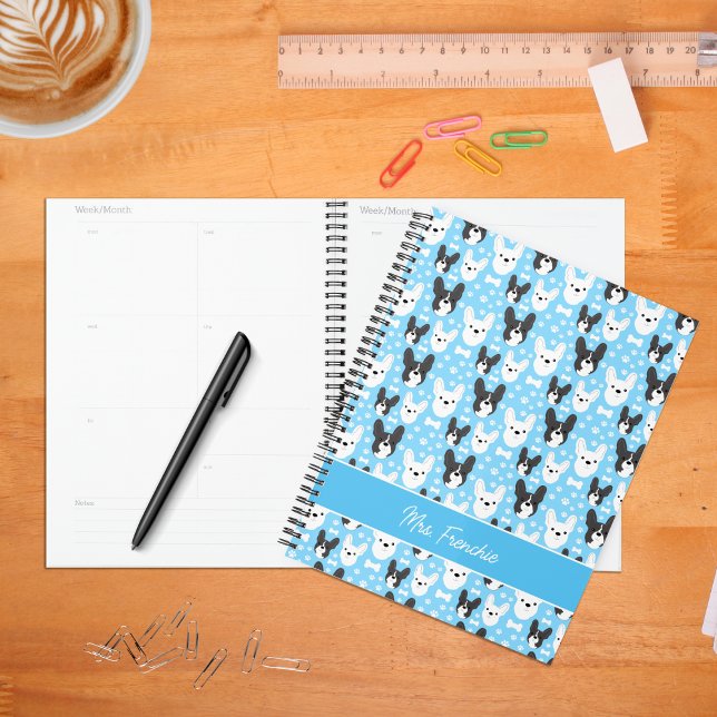 Agenda Francês Bulldog Patterly Semanal Mensal (Frenchies in Blue Personalized Planner)
