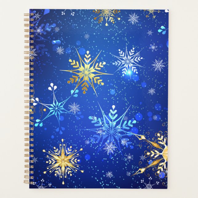 Agenda Fundo Azul XMAS com Flocos de Neve Ouro (Frente)