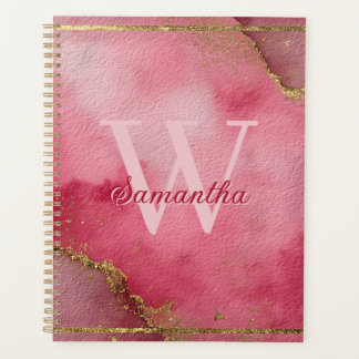 Agenda Fundo de Aquarela Rosa com Glitter Dourado