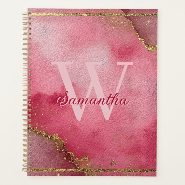 Agenda Fundo de Aquarela Rosa com Glitter Dourado (Frente)