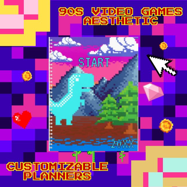 Agenda Funny Pixel Gamer Pixelated- Dinosaur Illustration (This funny nostalgic design features pixel art of a Dinosaur in naturen.I've used a pop color palett)