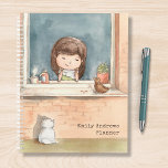 Agenda Garota Cura-Cama Com Gato-Pássaro Personalizado<br><div class="desc">Este design de aquarela fofo apresenta uma menina alimentando um pássaro pela janela com um gato por baixo. Personalizado editando o texto na caixa de texto fornecida. #aquarela #ave #girly #cat #notebook #planejador #diário #stationery #office #personalizedplanejer #personalizado #nome #personalizado presentes #giftsforher #giftsforgirl #gatinha #natureza #floral #plantas</div>