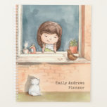 Agenda Garota Cura-Cama Com Gato-Pássaro Personalizado<br><div class="desc">Este design de aquarela fofo apresenta uma menina alimentando um pássaro pela janela com um gato por baixo. Personalizado editando o texto na caixa de texto fornecida. #aquarela #ave #girly #cat #notebook #planejador #diário #stationery #office #personalizedplanejer #personalizado #nome #personalizado presentes #giftsforher #giftsforgirl #gatinha #natureza #floral #plantas</div>