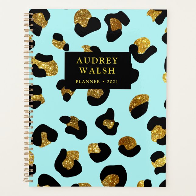 Agenda Garota Glittery Dourada Aqua Leopardo imprimida Lu (Frente)