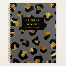 Agenda Garota Glittery Dourada Cinza Leopardo Imprime Lux